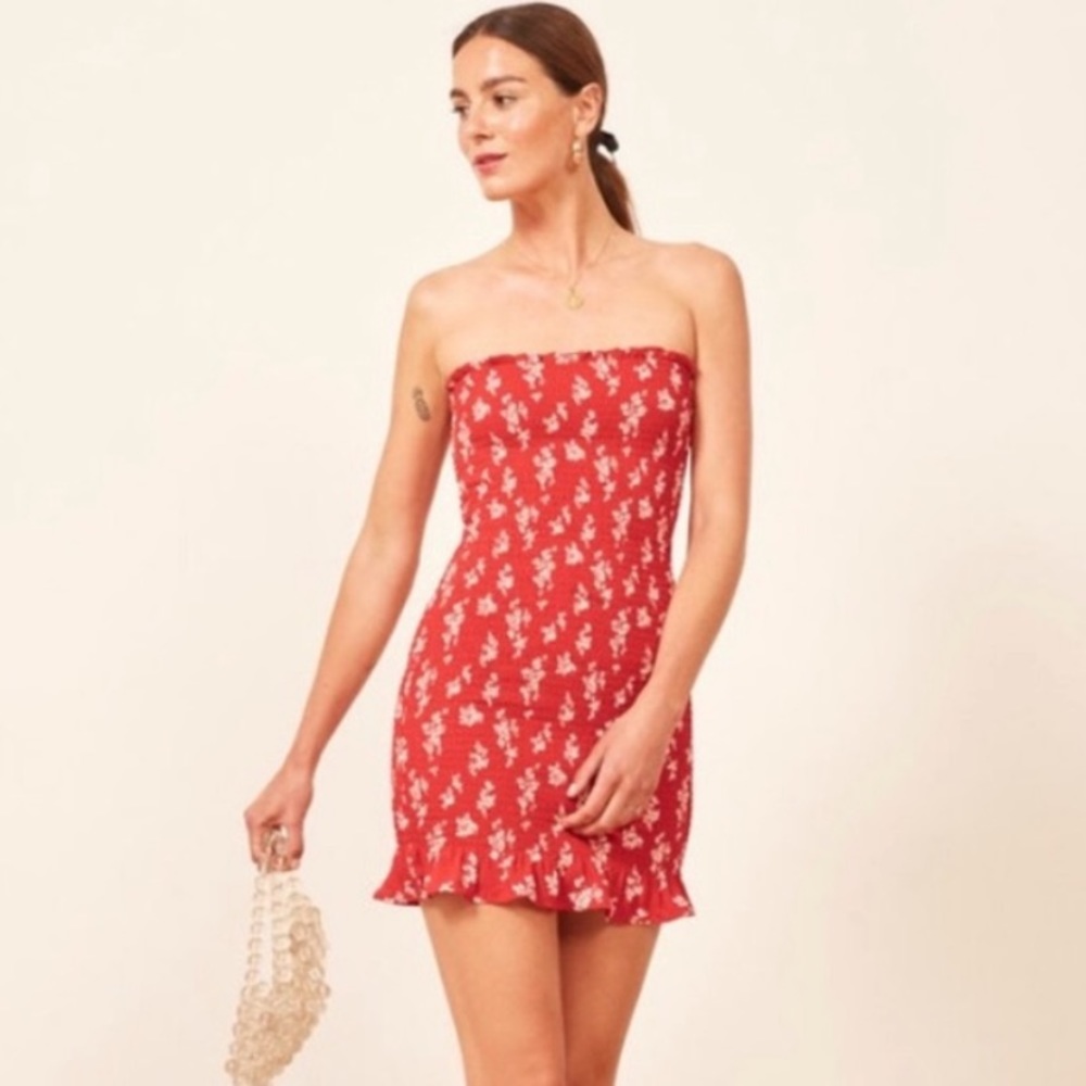 Reformation Chantilly Red Floral Strapless Dress